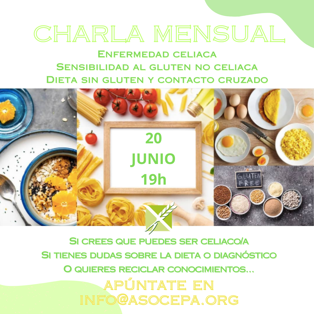 👉El próximo día 20 de junio tenemos charla para ti, tanto si eres recién diagnosticado como si quieres renovar tus conocimientos sobre EC, sensibilidad al gluten no celiaca y contacto cruzado. ✔️Dirigida tanto al diagnosticado como a su entorno, ya sean familiares o amigos☺️ Recuerda que es totalmente gratuito👌 Apúntate indicándonos tu participación en info@asoceca.org y dinos si vas a venir de manera presencial u online! 💚 ¡¡Te esperamos!!